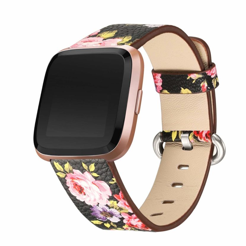 bayite Leather Bands Compatible Fitbit Versa Black Pink Flower