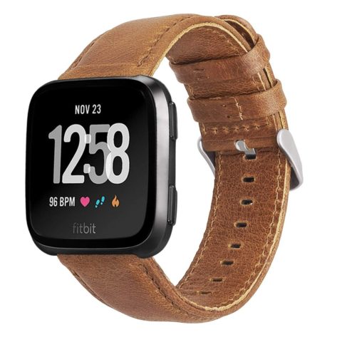 Fitbit Versa Band Classic Genuine Leather Strap with Quick Release Pin Compatible for Fitbit Versa Lite Smart Watch Brown