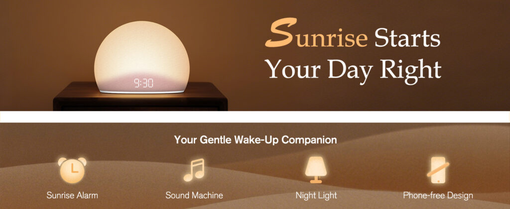 HOUSBAY Sunrise Alarm Clock, White Noise Sound Machine for Bedroom | Natural Wake-Up Light with Gentle Alarm Sounds, 20 Soothing Sleep Aids, Dimmable Display, Screen-Free Design - Pink